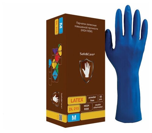 Перчатки латексные смотровые комплект 25 пар (50шт), повышенной прочности, размер M (средний), удлиненные, синие, SAFE&CARE High Risk