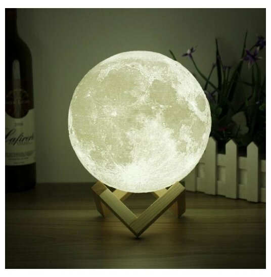 Светильник-ночник 3D шар Луна Moon Lamp на деревянной подставке без пульта, 15 см, белый - фотография № 3