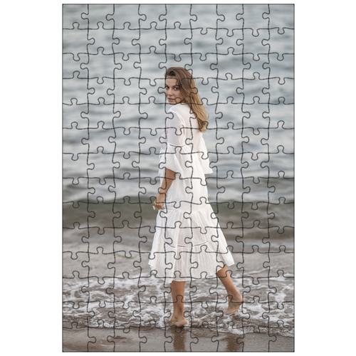 фото Магнитный пазл 27x18см."женщина, белое платье, пляж" на холодильник lotsprints