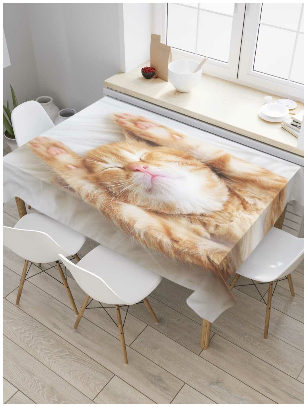 Скатерть прямоугольная JoyArty на кухонный стол "Сонный котенок" из оксфорда, 180x145 см