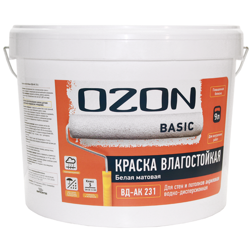 OZON Basic влагостойкая ВД-АК 231 матовая белый 9 л 14 кг краска вд ак 109м фасадная акриловая 2 7 л 3 9 кг