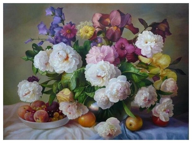 Репродукция на холсте Натюрморт с белыми цветами и фруктами (Still life with white flowers and fruit) Цбигнив Копания 68см. x 50см.