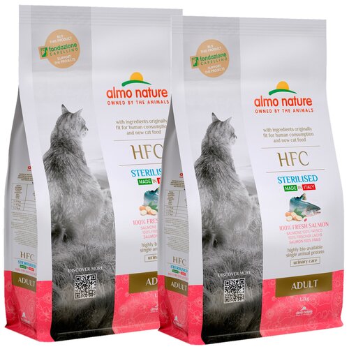 ALMO NATURE HFC ADULT STERILIZED SALMON для взрослых кастрированных котов и стерилизованных кошек со свежим лососем (1,2 + 1,2 кг) сухой корм для стерилизованных кошек almo nature с лососем 6 шт х 300 г