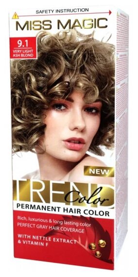 Miss Magic Trend Color стойкая краска для волос с экстрактом крапивы и витамином F, 9.1 Very light ash blonde, 90 мл