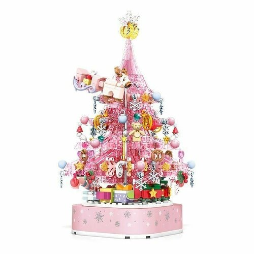 Детский развивающий конструктор блочный  Новогодняя елка - музыкальная шкатулка - 675 деталей Розовая