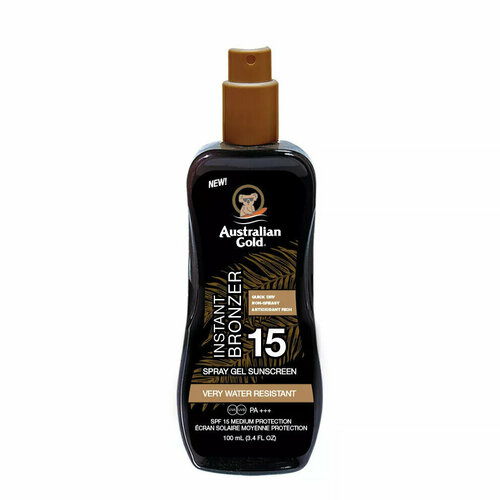 Australian Gold Лосьон для загара SPF 15 Spray Gel With Bronzer, 100мл водостойкий солнцезащитный спрей гель с фактором защиты spf 15 australian gold instant bronzer 100 мл