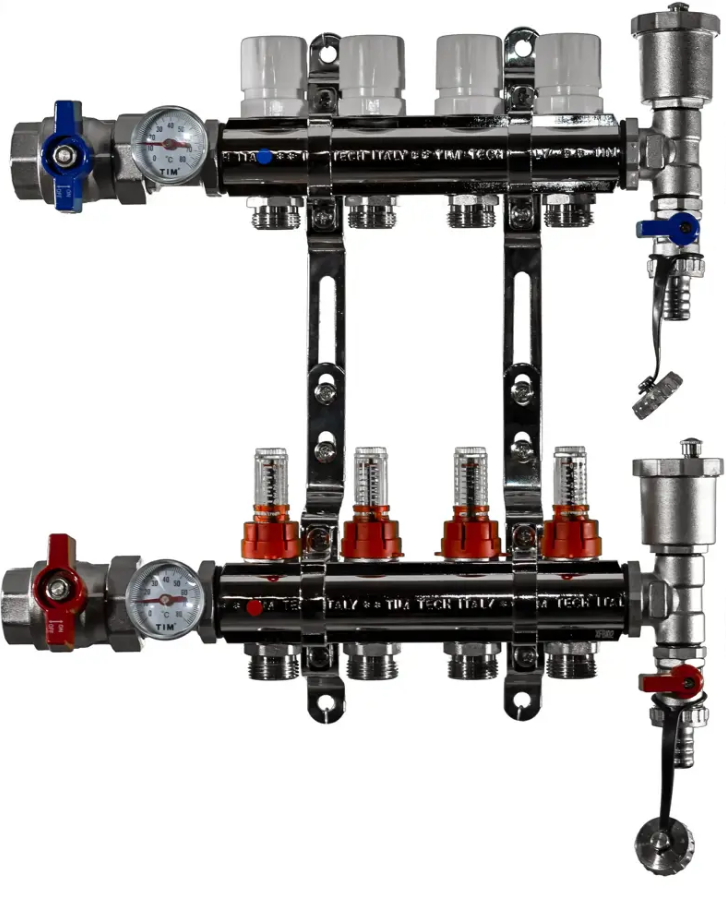 TIM Коллектор с расходомерами KA004 1" х 4 выхода ( в сборе) для теплого пола