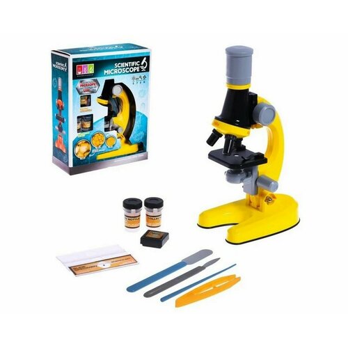 Детский Микроскоп Юный ученый с 3 объективами: 100х, 400х, 1200х, подсветка, цвет желтый / Набор для опытов / Подарок