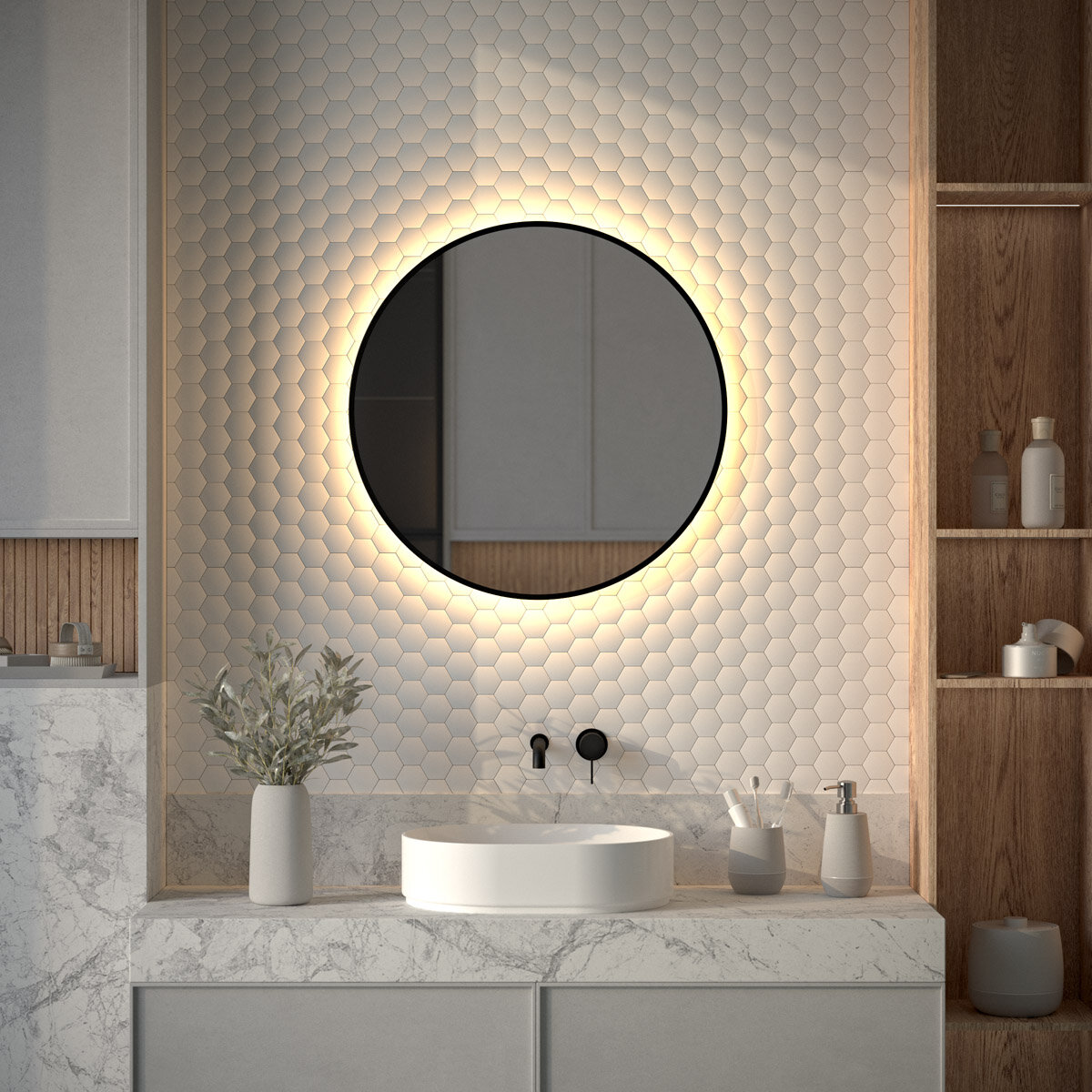 Зеркало с окантовкой и LED-подсветкой настенное AURA DEFESTO Ø70 см (Без выключателя) для гостиной прихожей спальни кабинета и ванной комнаты DF 2994