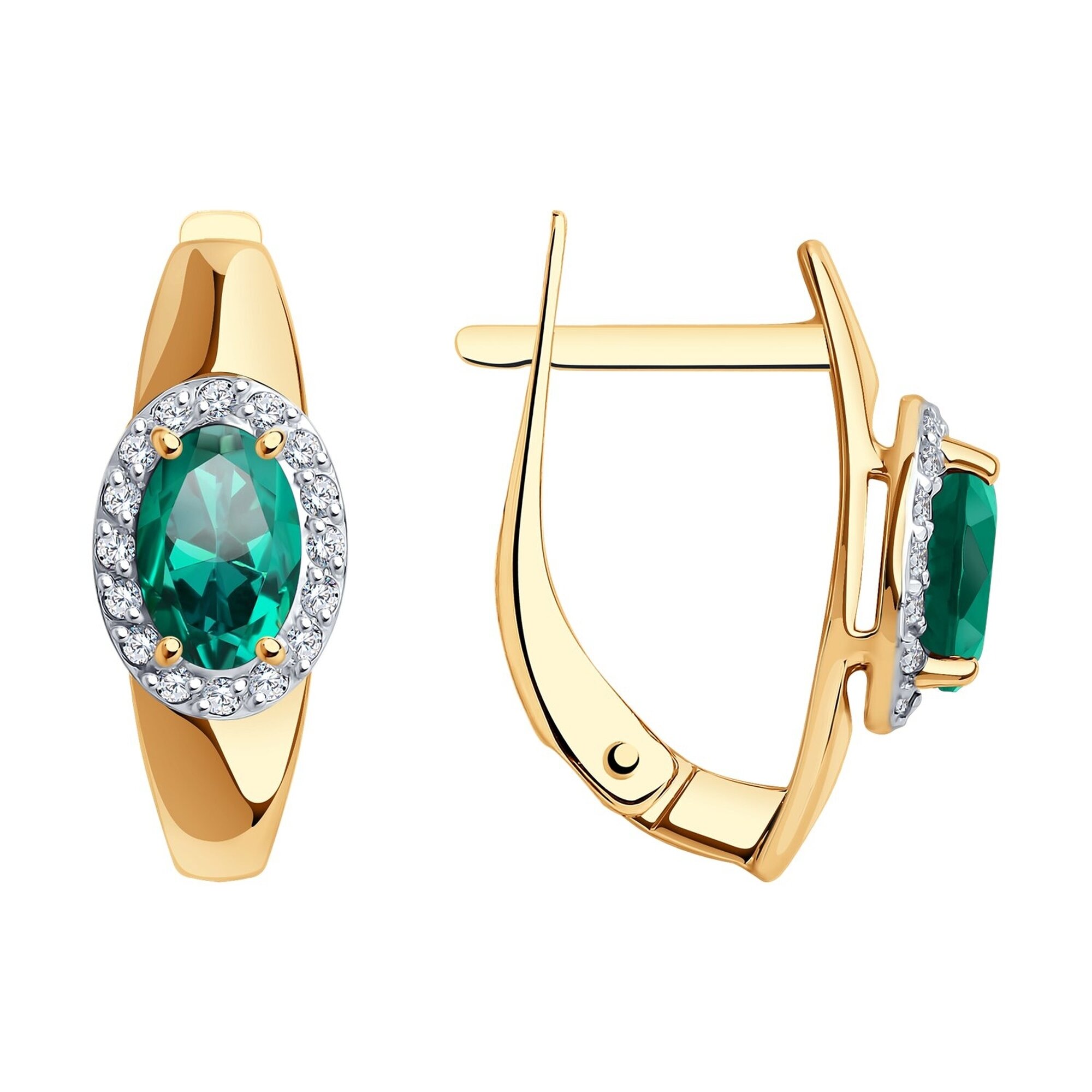 Серьги, красное золото, 585 проба, изумруд синтетический, фианит