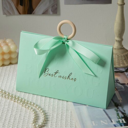 Изображение товара Подарочная коробка "Треугольник" - самосборная с лентой и кольцом - бирюзовая - комплект из 5 шт.