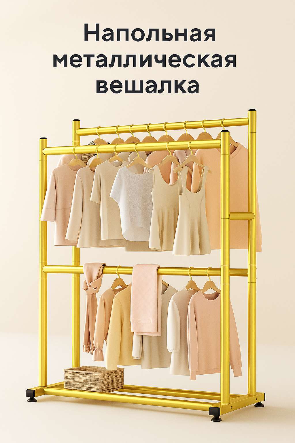 Металлическая напольная вешалка с двойной штангой и полками усиленная сталь, высокая нагрузка, колёсики с фиксаторами