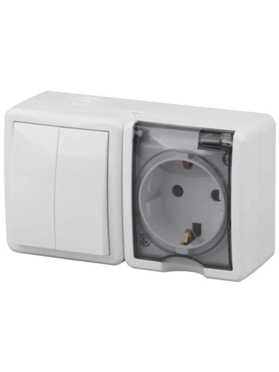 Блок ЭРА Эксперт горизонтальный, с двухклавишным выключателем и розеткой, с защитной крышкой, IP54, белый