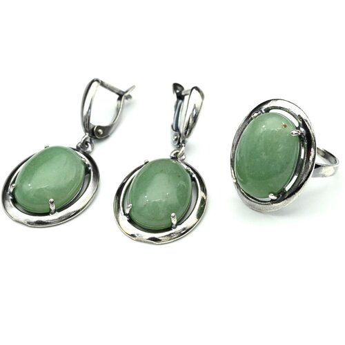 Комплект бижутерии Радуга Камня: серьги, кольцо, нефрит, размер кольца 19, зеленый