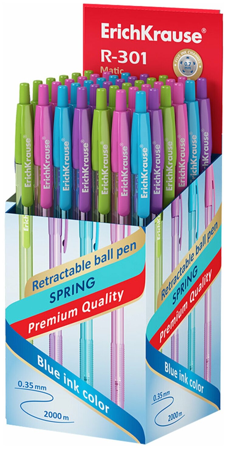 Ручка шариковая автомат. ERICH KRAUSE R-301 Spring, синяя, корп. ассорти, 1,0мм, линия 0,5мм, 53344