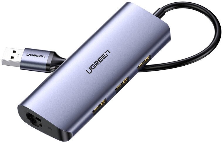 Адаптер UGREEN CM252 (60718) USB-C to 3 x USB 3.0+RJ45+Micro USB Multifunction Adapter. Цвет: серый