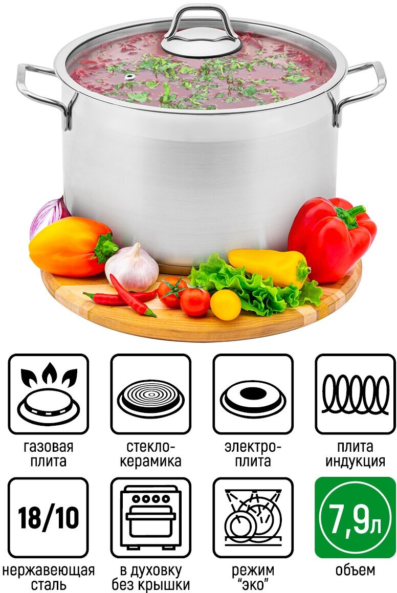 Кастрюля 7,9 л гармония вкуса "Серебро" С крышкой ф26, 34,5*28*22 см