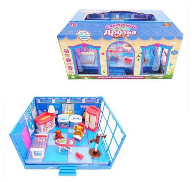 Игровой набор Abtoys Счастливые друзья Модульная комната Ванная с мебелью и фигурками животных 13 предметов в коробке