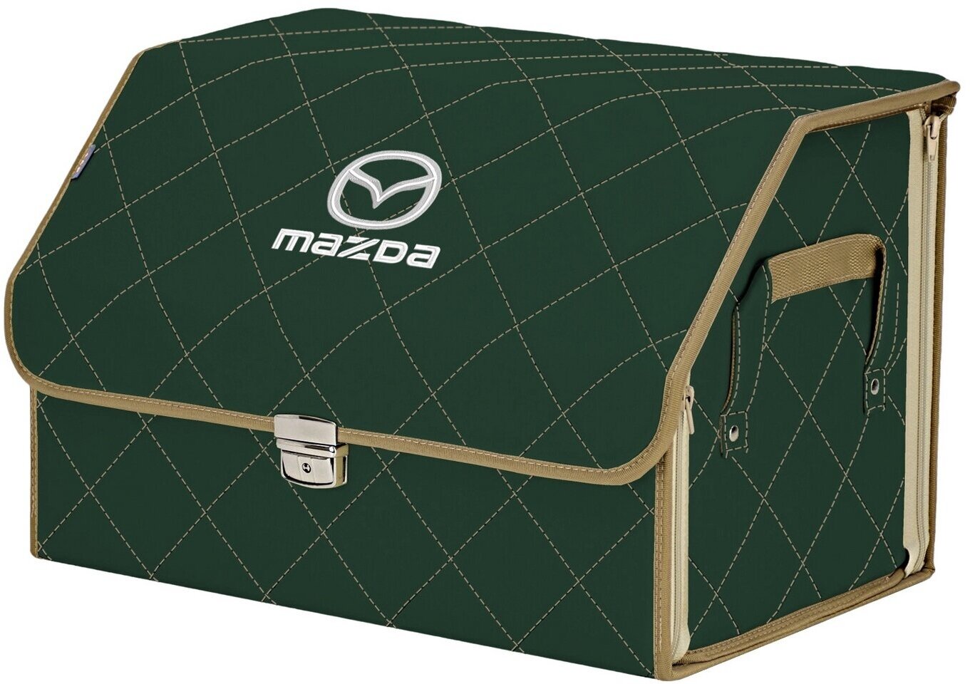 Органайзер-саквояж в багажник "Союз Премиум" (размер L). Цвет: зеленый с бежевой прострочкой Ромб и вышивкой Mazda (Мазда).