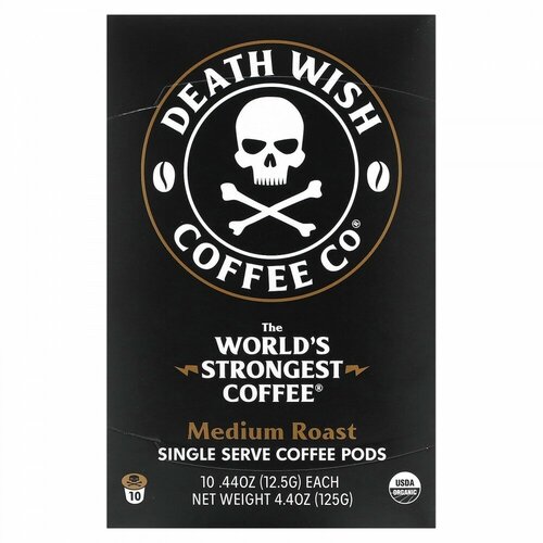 Death Wish Coffee, The World' s Strongest Coffee, Single Serve Coffee Pods, Medium Roast, 10 Pods, 44 oz (12.5 g) Each