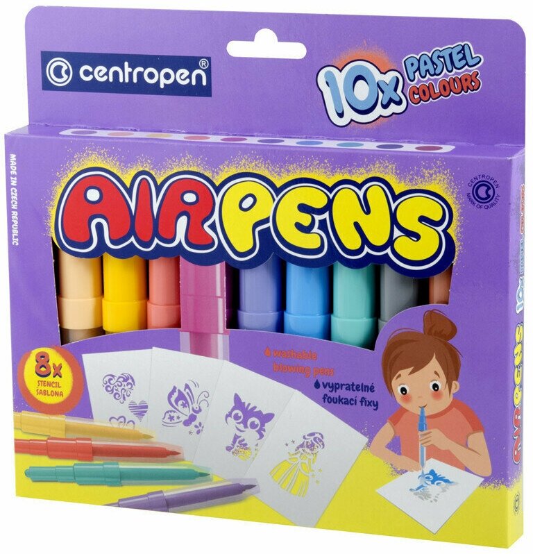 Фломастеры воздушные Centropen "AirPens Pastel", 10цв.+8 трафаретов, картон. упаковка, европодвес, 335989