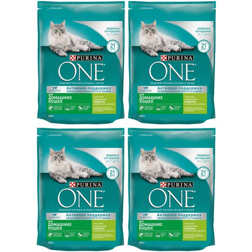 Сухой корм Purina ONE для взрослых кошек, живущих в домашних условиях, с высоким содержанием индейки и цельными злаками 200 г х 4 шт