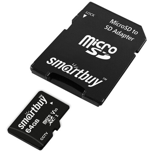 Micro SDXC карта памяти Smartbuy 64GB cl10 U3 V30 для видеонаблюдения (с адаптером SD)