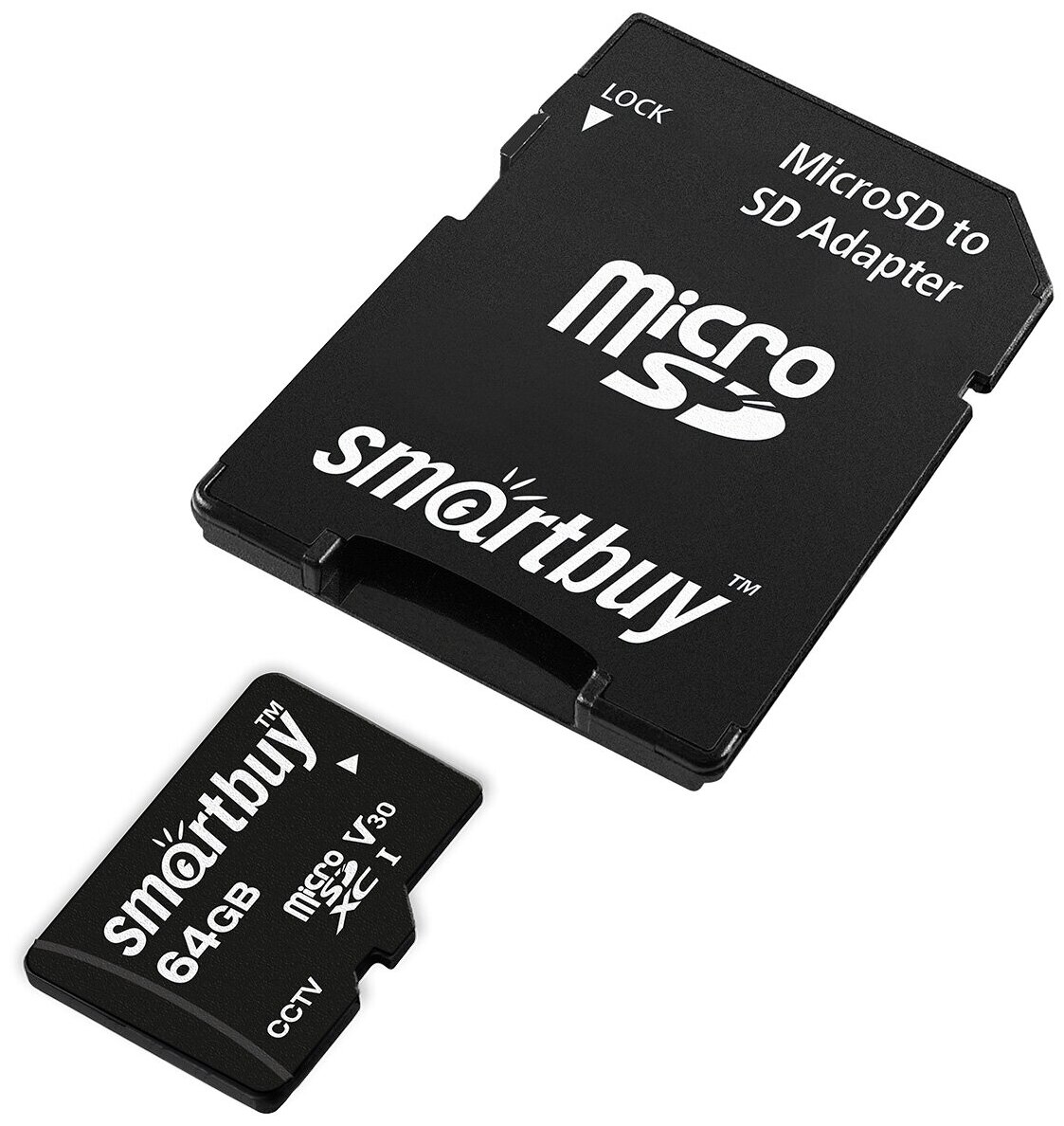 Micro SDXC карта памяти Smartbuy 128GB cl10 U3 V30 для видеонаблюдения (с адаптером SD)