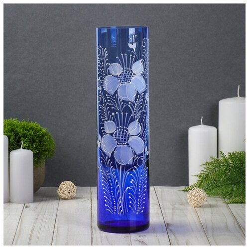 Ваза Цилиндр d 80h 300 мм из синего стекла ручная роспись рис 7 Бел 948₽