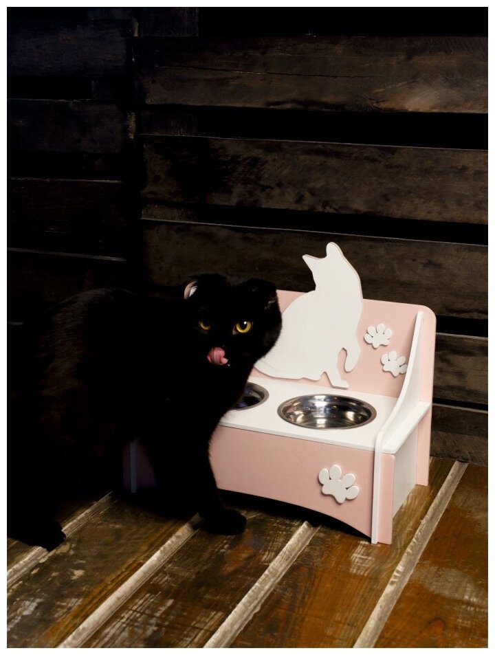 Подставка для 2-х мисок "Кошка" Бело-розовая - фотография № 3