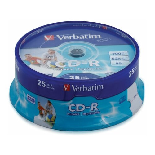 Диски CD-R VERBATIM 700 MB 52x Printable КОМПЛЕКТ 25 шт. Cake Box с поверхностью для печати 1 шт.