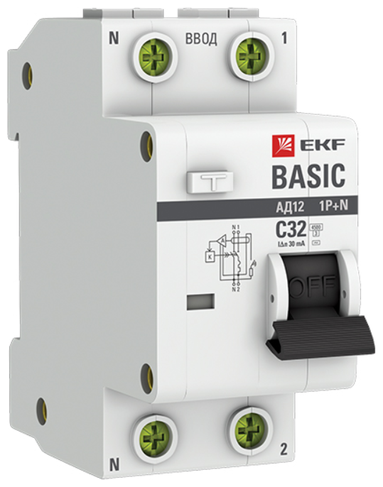 Дифференциальный автомат EKF АД-12 Basic 2П 30 мА C 4.5 кА AC электронный 32 А