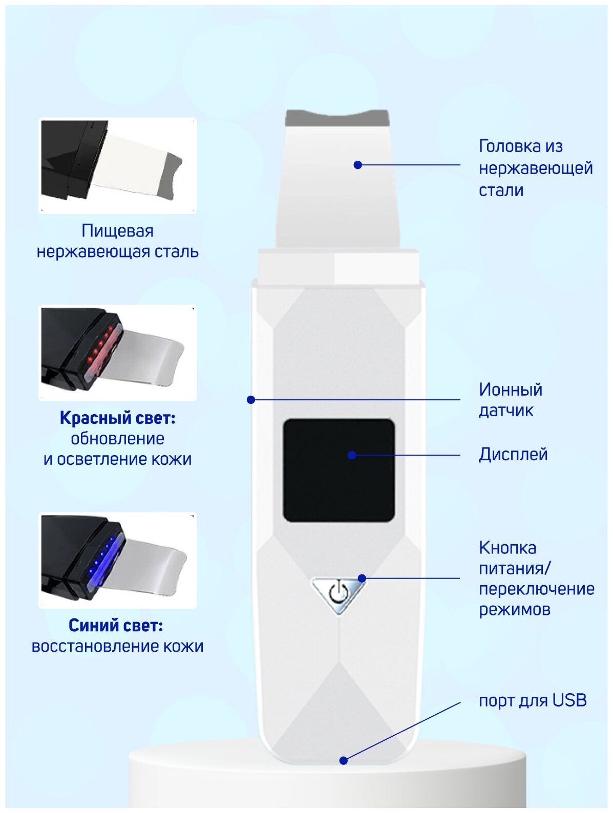 Аппарат для ультразвуковой чистки лица в домашних условиях с ионной и EMS терапией, механический дисплей, 7 режимов работы, белый - фотография № 2