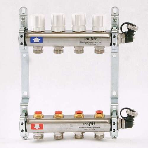 Коллекторная группа из нержавеющей стали с регулировочными и термостатическими вентилями UNI-FITT 1x3/4ЕК 4 выхода