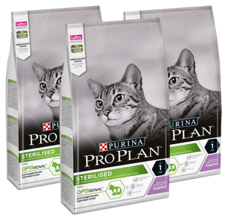Сухой корм для стерилизованных кошек и кастрированных котов Purina Pro Plan Sterilised OPTIRENAL, с высоким содержанием индейки, 3 шт. х 1.5 кг