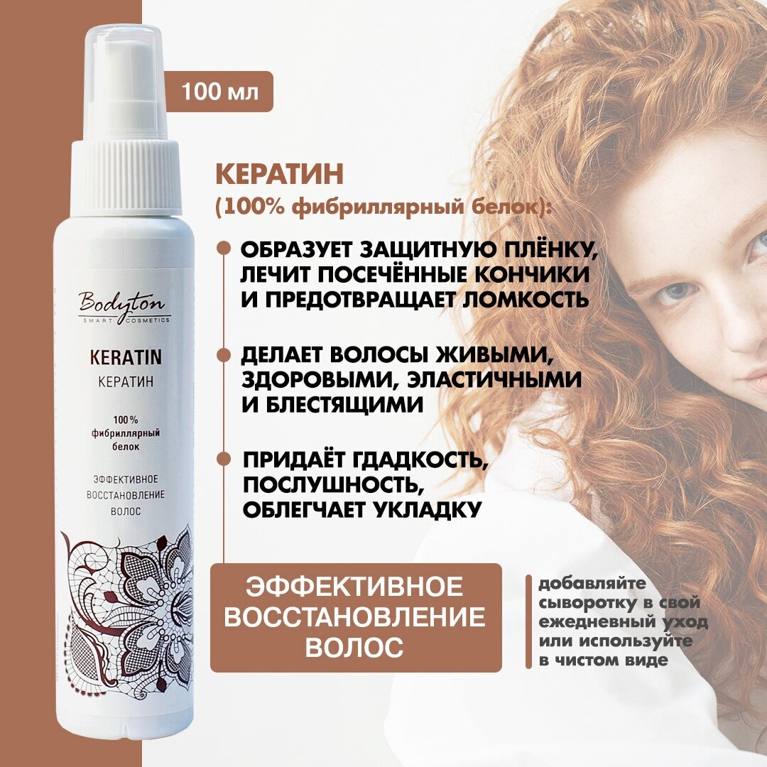 Bodyton/ Кератин сыворотка - уплотняющее средство для ломких и тусклых волос: сила и объем, 100 мл