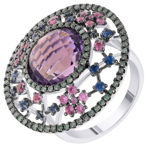 фото Jv кольцо из белого золота 585 пробы с аметистом, бриллиантами и сапфирами rg-31615-ko-dg-ps-sa-am-wg, размер 18.25