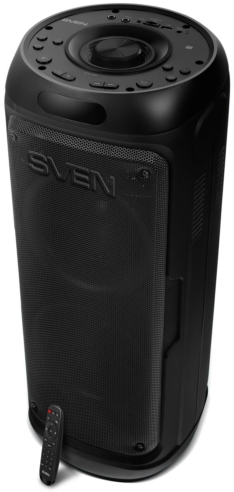 Мобильные колонки SVEN PS-770 2.0 чёрные (2x50W, mini Jack, USB, Bluetooth, FM, micro SD, NFC, LED-дисплей, ПДУ, 4400 мA, LED подсветка)