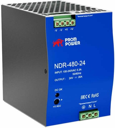 Источник питания Prompower NDR-480-24, на выходе 24 В DC, 20 А, 480 Вт. Входное 85-264 В AC (120-370 В DC)