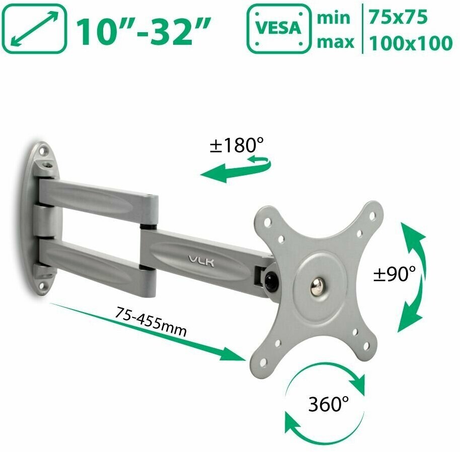 Кронштейн для телевизора на стену / крепление наклонно-поворотное VLK TRENTO-15 / до 32 дюймов / vesa 100x100