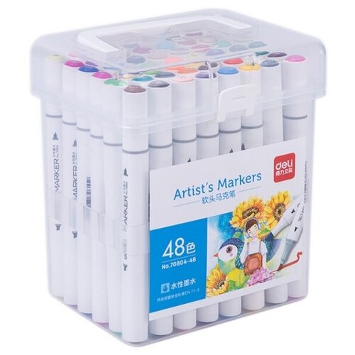 фото Набор маркеров для скетчинга deli 70804-48 двойной пиш. наконечник 48цв. пластиковая коробка