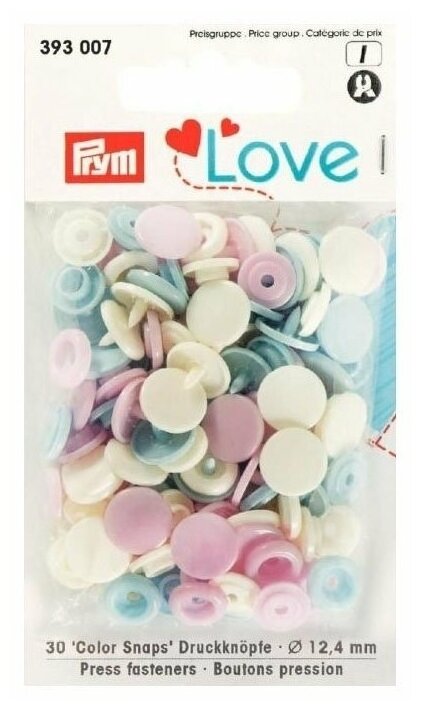 PRYM 393007 Kнопки Color Snaps Prym Love, розовый/голубой/жемчужный цв., 12мм, 30 шт.