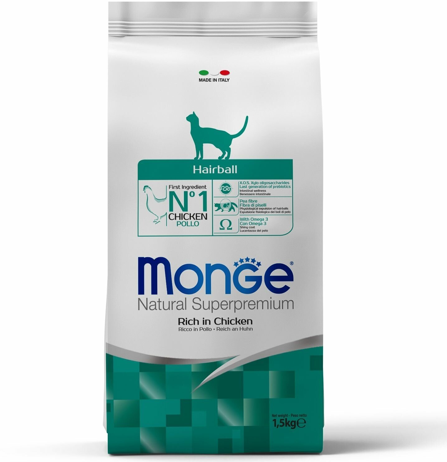 Сухой корм для кошек Monge Natural Superpremium для вывода шерсти с курицей (кусочки в желе)