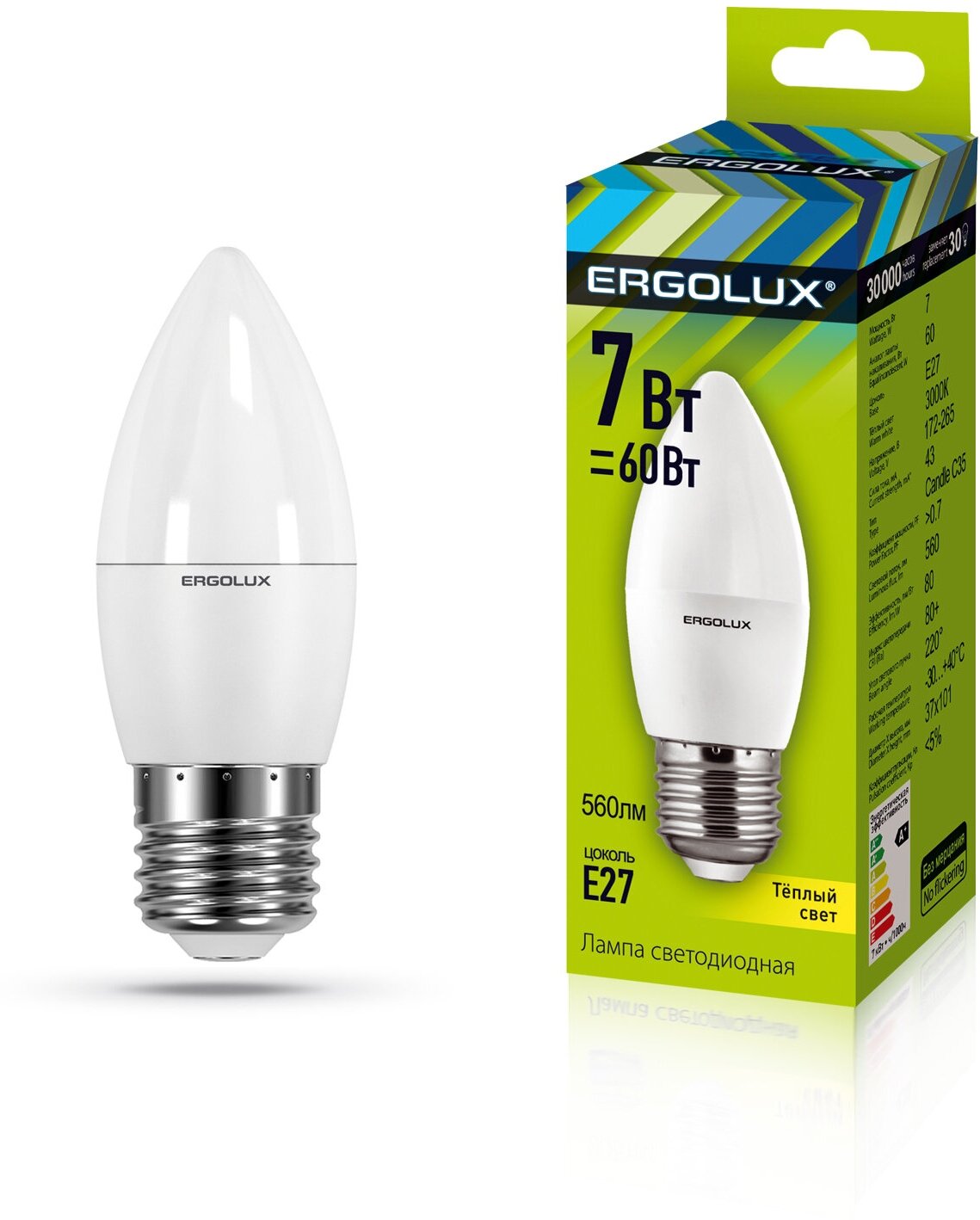 Лампочка светодиодная Ergolux LED-C35-7W-E27-3K