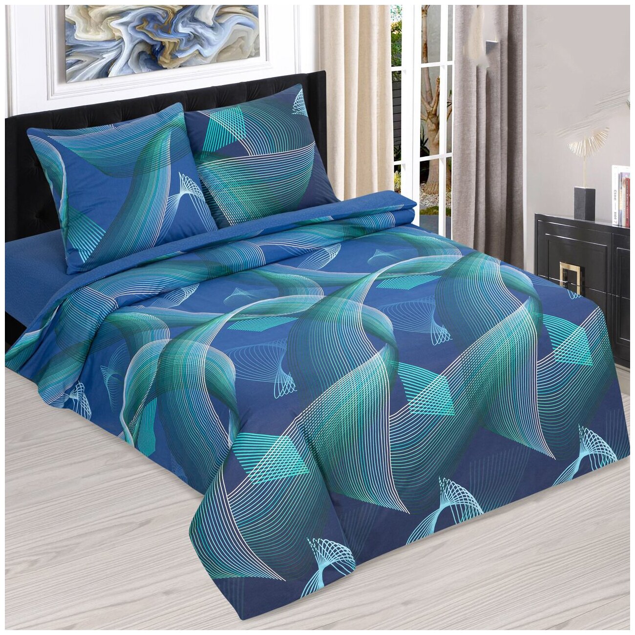 Комплект постельного белья АртПостель, «Мёбиус» 1,5 спальный поплин, геометрия, синий