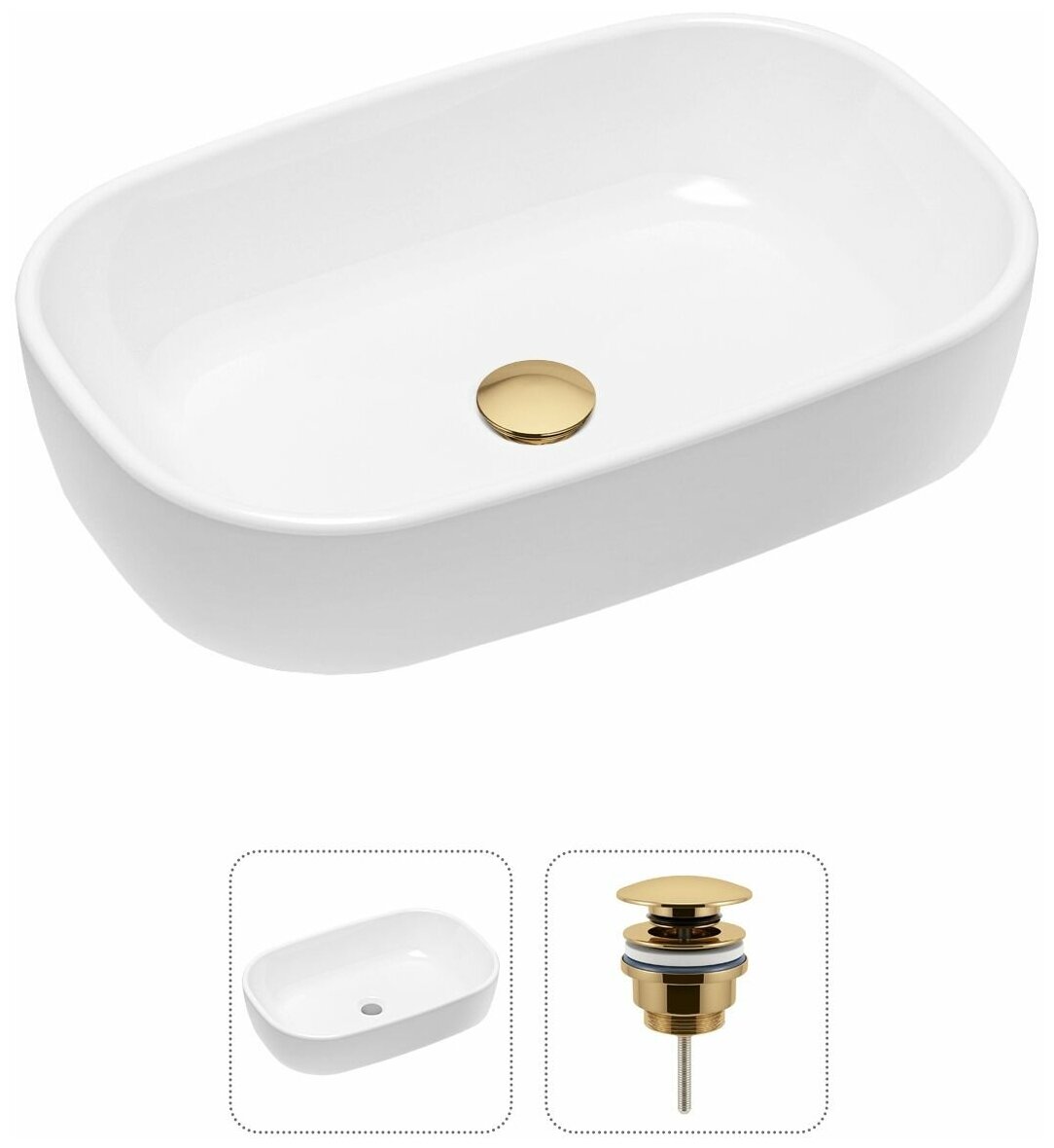 Накладная раковина в ванную Lavinia Boho Bathroom Sink 21520793 в комплекте 2 в 1: умывальник белый, донный клапан в цвете золото