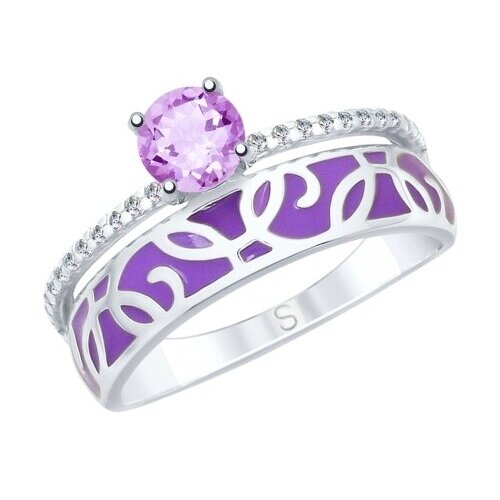 фото Серебряное кольцо sokolov 92011624 с фианитом, аметистом и эмалью, размер 17,5 diamant-online