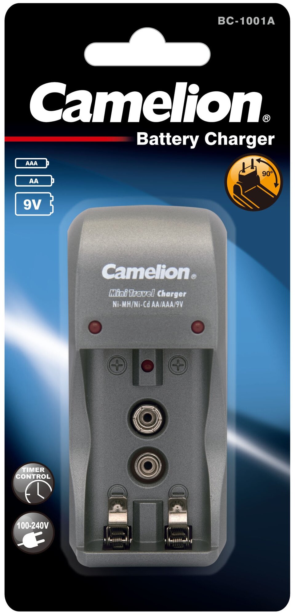 Camelion BC 1001A titanium(BC1001, ЗУ для 2хAA, AAA или 1x9V, 200мА, складная вилка, таймер )