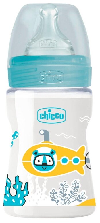 Бутылочка для кормления Chicco Well-Being Boy 0мес.+, силиконовая соска медленный поток, РР, 150мл./бутылка для кормления/для путешествий/бутылочка детская с соской/детская бутылка/для новорожденных/ бутылка для воды детская