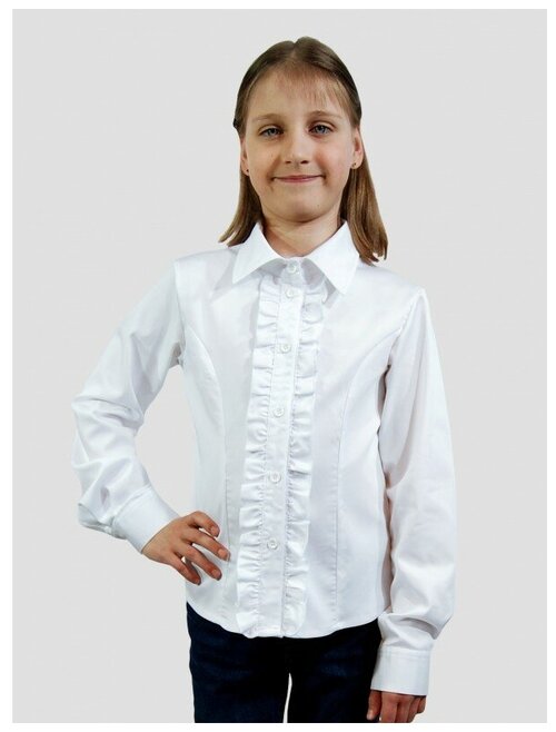 Школьная блуза IRINA EGOROVA, прямой силуэт, на пуговицах, длинный рукав, без карманов, однотонная, размер 128, белый